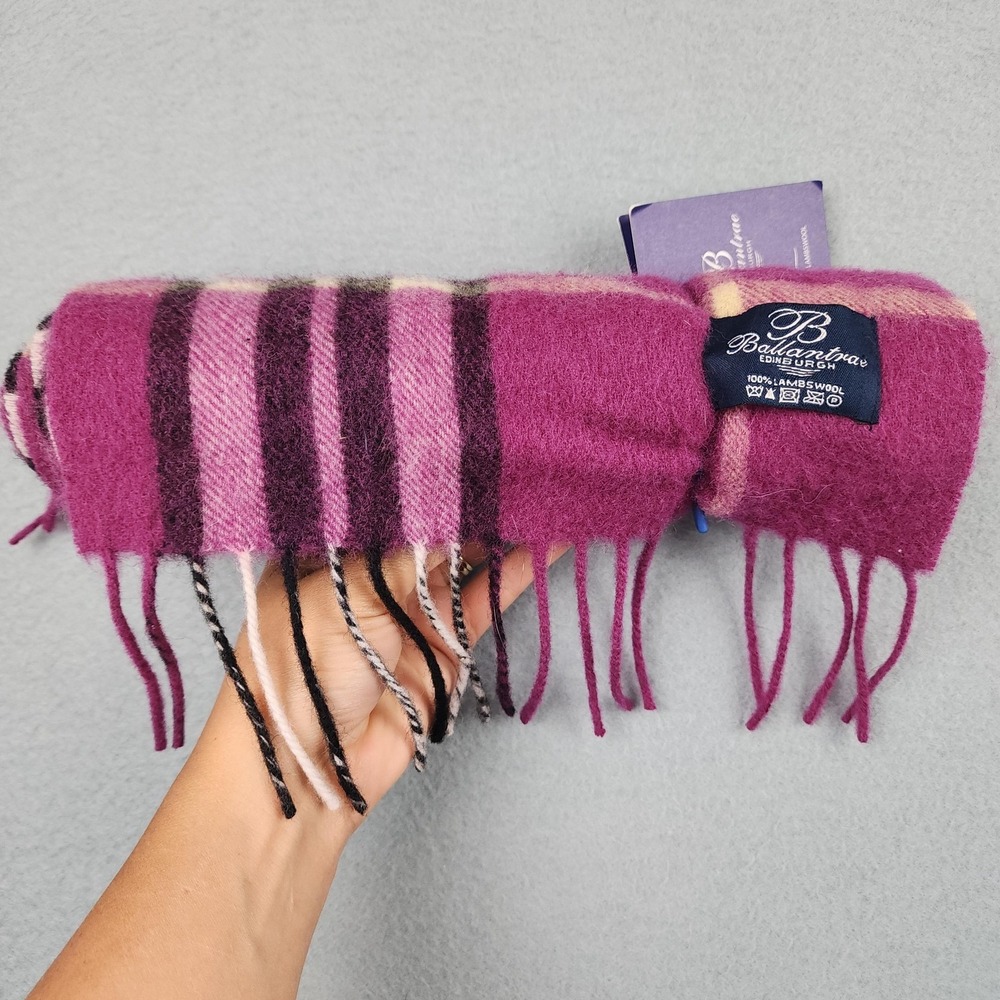 Ballantrae Lambswool Scarf Womens One Size Pink Plaid Fringe Raspberry Winter